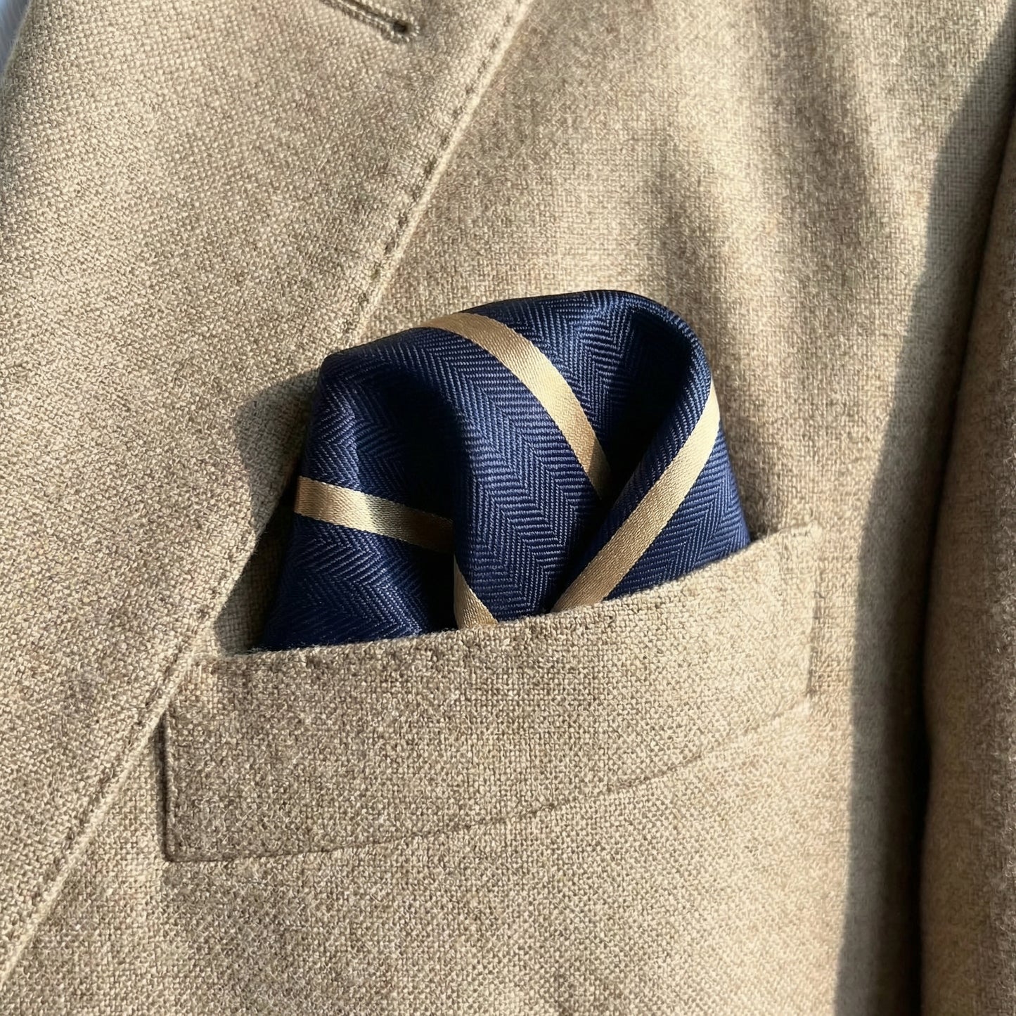 Navy Blue & Caramel Stripe Pocket Square - Hawksmoor Edit